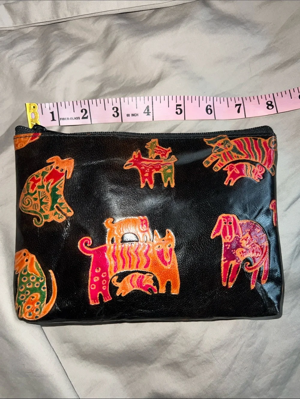 Laurel Burch Black Cosmetic Pouch with Orange, Pink and Green Dog Designs